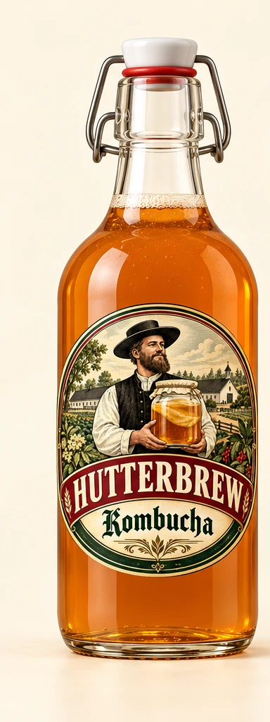 Hutterbrew Kombucha glass bottle with vintage label