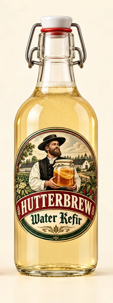 Hutterbrew Water Kefir glass bottle with vintage label