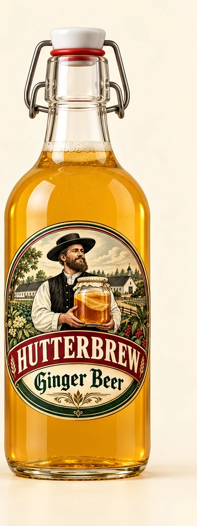 Hutterbrew Ginger Beer glass bottle with vintage label