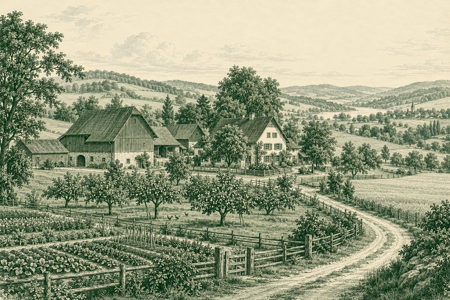 Vintage engraving of a rural farmstead, orchard and fields